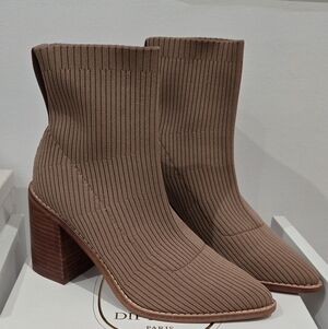 Ribbed Knit Sock Heeled Booties in Taupe